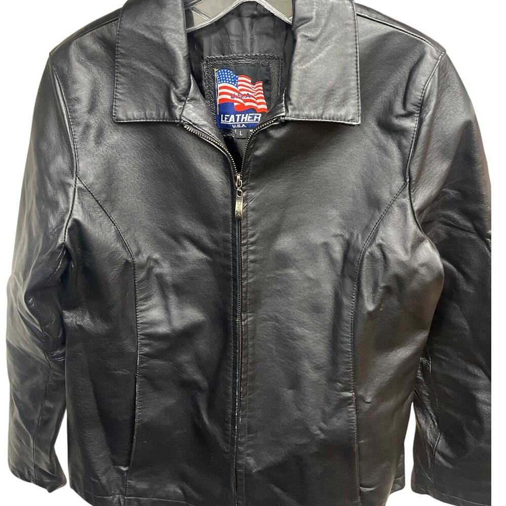 USA Leather Genuine Black Leather Jacket Mens L Zip Front Motorcycle Biker